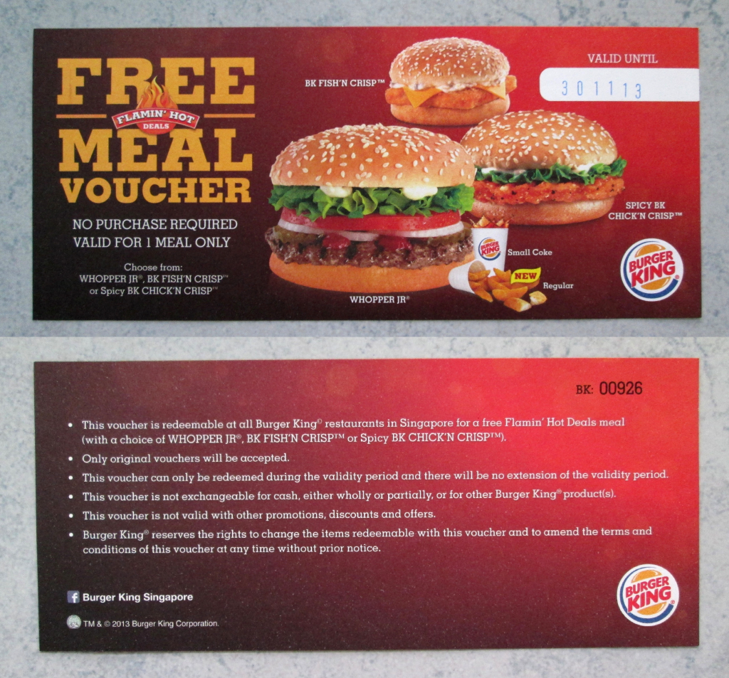 Burger King Free Meal Voucher from Burger King Singapore .