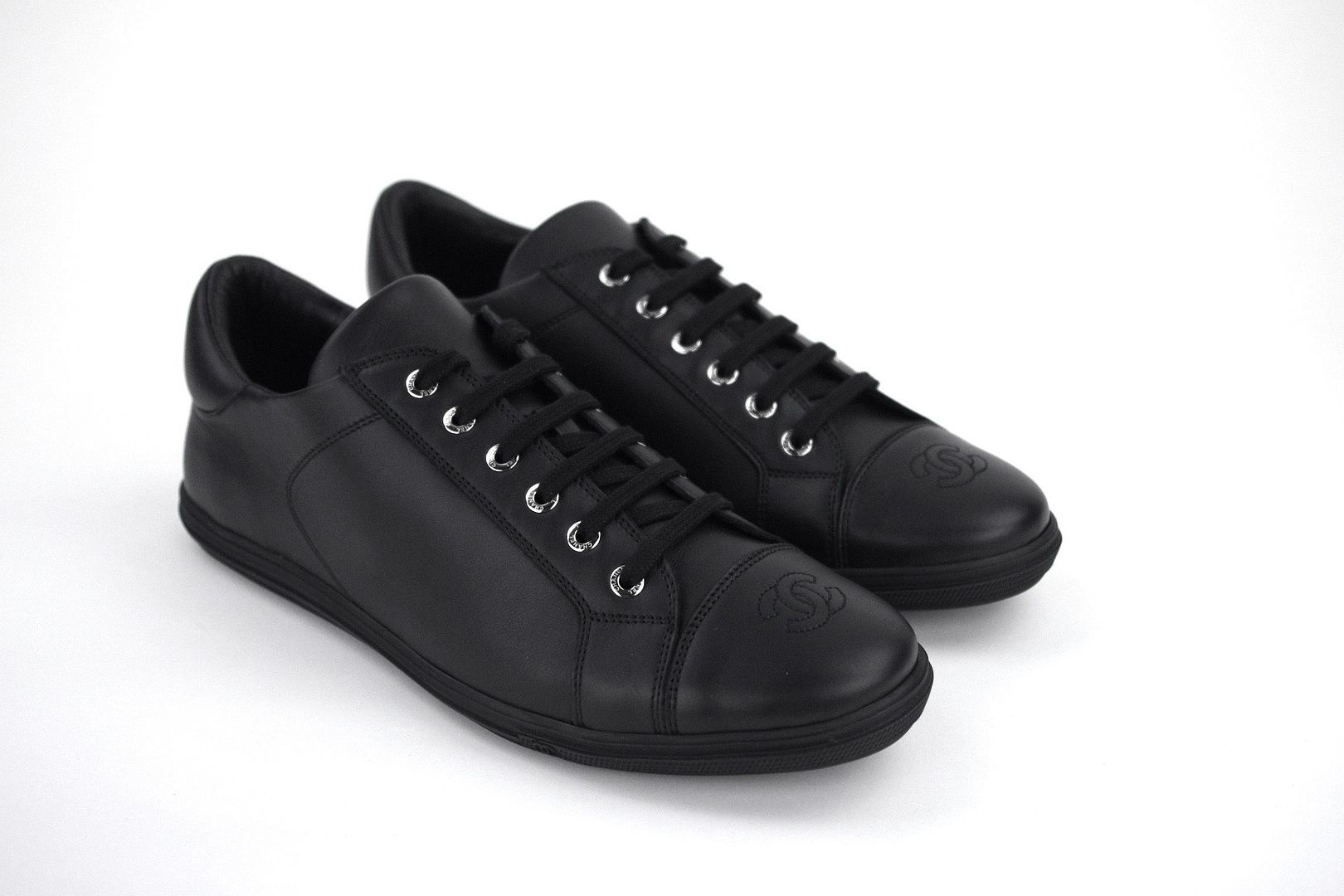 New CHANEL Men's Black Leather sneakers tennis shoes CC logo 42 9 Made ...