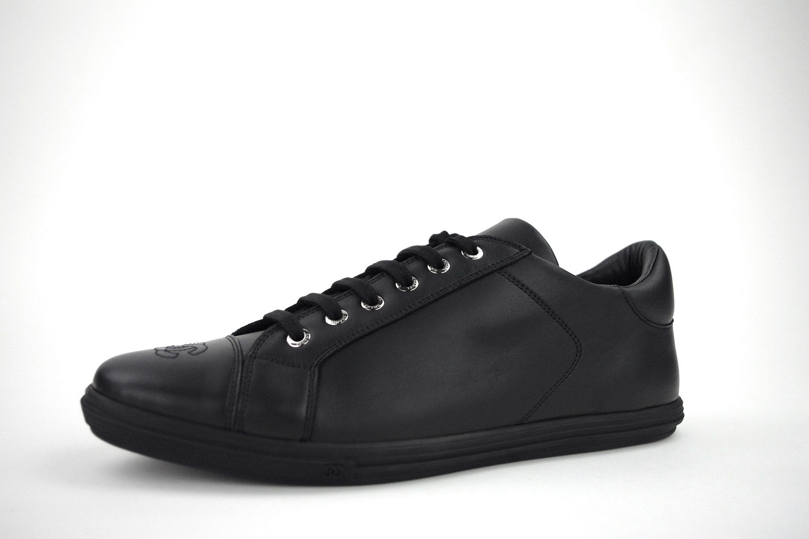 New CHANEL Men's Black Leather sneakers tennis shoes CC logo 42 9 Made ...